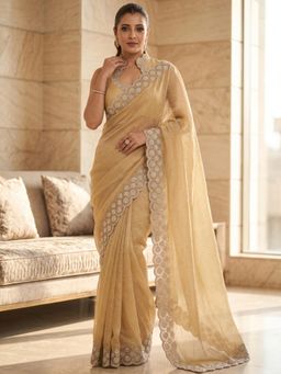 FLOSIVE - Beige Space Silk Zarkhad Diamond Work Festive Wear Saree