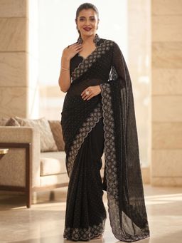 FLOSIVE - Black Space Silk Zarkhad Diamond Work Festive Wear Saree