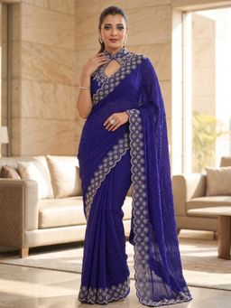 FLOSIVE - Blue Space Silk Zarkhad Diamond Work Festive Wear Saree