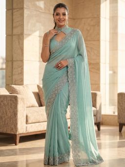 FLOSIVE - Blue Space Silk Zarkhad Diamond Work Festive Wear Saree