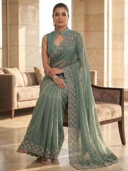 FLOSIVE - Green Space Silk Zarkhad Diamond Work Festive Wear Saree