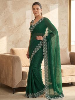FLOSIVE - Green Space Silk Zarkhad Diamond Work Festive Wear Saree