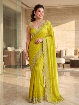 FLOSIVE - Green Space Silk Zarkhad Diamond Work Festive Wear Saree