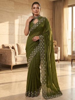 FLOSIVE - Green Space Silk Zarkhad Diamond Work Festive Wear Saree