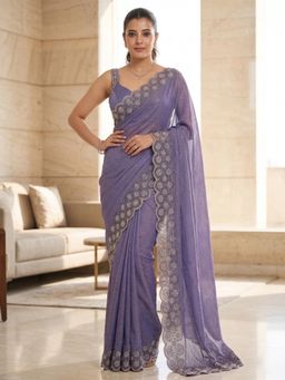 FLOSIVE - Grey Space Silk Zarkhad Diamond Work Festive Wear Saree