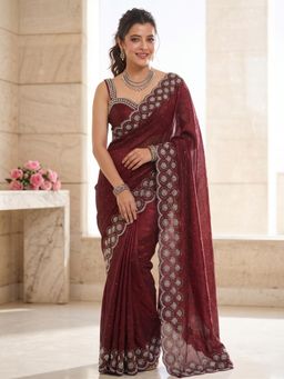 FLOSIVE - Maroon Space Silk Zarkhad Diamond Work Festive Wear Saree