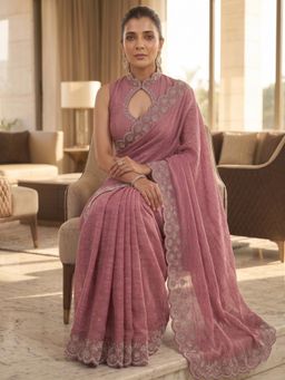 FLOSIVE - Mauve Space Silk Zarkhad Diamond Work Festive Wear Saree