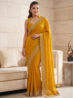 FLOSIVE - Mustard Space Silk Zarkhad Diamond Work Festive Wear Saree