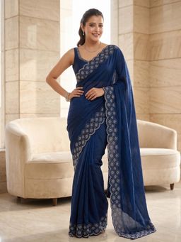 FLOSIVE - Navy Blue Space Silk Zarkhad Diamond Work Festive Wear Saree