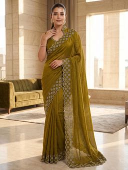 FLOSIVE - Olive Space Silk Zarkhad Diamond Work Festive Wear Saree