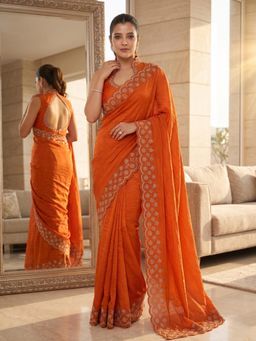 FLOSIVE - Orange Space Silk Zarkhad Diamond Work Festive Wear Saree