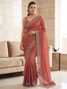 FLOSIVE - Peach Space Silk Zarkhad Diamond Work Festive Wear Saree