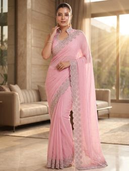 FLOSIVE - Pink Space Silk Zarkhad Diamond Work Festive Wear Saree