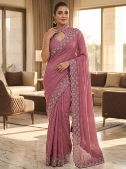 FLOSIVE - Pink Space Silk Zarkhad Diamond Work Festive Wear Saree
