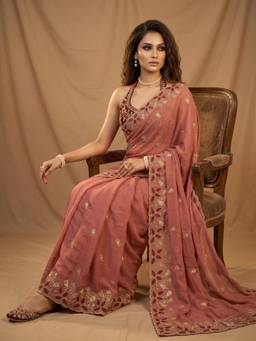 FLOSIVE - Brown Embroidered Georgette Floral Thread Work Festive Wear Saree