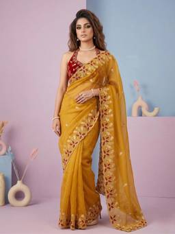 FLOSIVE - Yellow Embroidered Georgette Floral Thread Work Festive Wear Saree