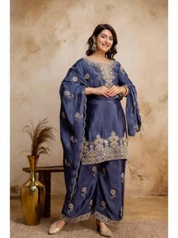 BERRYLICIOUS - Women Tissue Shimmer Blue Mirror Embroidered Kurta with Palazzo and Dupatta