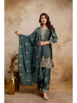 BERRYLICIOUS - Women Tissue Shimmer Green Mirror Embroidered Kurta with Palazzo and Dupatta