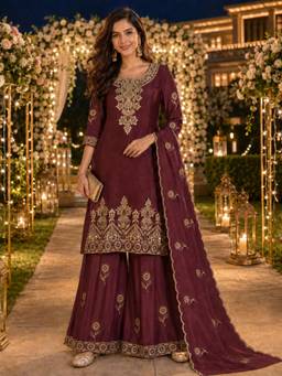BERRYLICIOUS - Women Tissue Shimmer Wine Mirror Embroidered Kurta with Palazzo and Dupatta