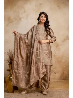 BERRYLICIOUS - Women Tissue Shimmer Gold Sequinned Embroidered Kurta with Palazzo and Dupatta