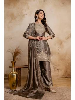 BERRYLICIOUS - Women Tissue Shimmer Grey Sequinned Embroidered Kurta with Palazzo and Dupatta