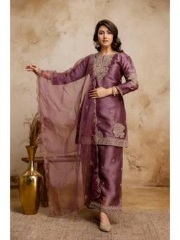 BERRYLICIOUS - Women Tissue Shimmer Lavender Mirror Embroidered Kurta with Palazzo and Dupatta