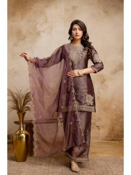 BERRYLICIOUS - Women Tissue Shimmer Mauve Mirror Embroidered Kurta with Palazzo and Dupatta