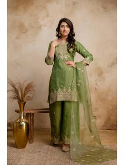 BERRYLICIOUS - Women Tissue Shimmer Green Sequinned Embroidered Kurta with Palazzo and Dupatta