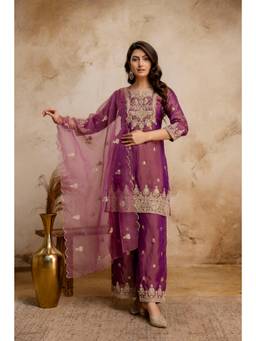 BERRYLICIOUS - Tissue Shimmer Magenta Sequinned Embroidered Kurta with Palazzo and Dupatta