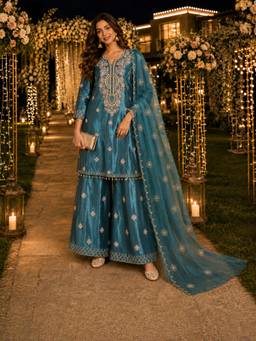 BERRYLICIOUS - Women Tissue Shimmer Teal Mirror Embroidered Kurta with Palazzo and Dupatta