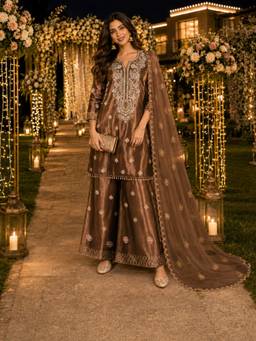 BERRYLICIOUS - Women Tissue Shimmer Brown Mirror Embroidered Kurta with Palazzo and Dupatta