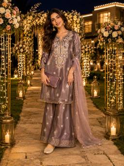 BERRYLICIOUS - Women Tissue Shimmer Lavender Mirror Embroidered Kurta with Palazzo and Dupatta