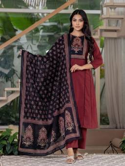 Royal Export - Maroon Rayon Printed Straight Kurta with Pant and Dupatta