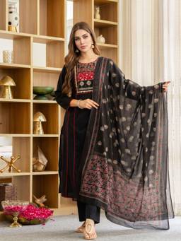 Royal Export - Black Rayon Printed Straight Kurta with Pant and Dupatta