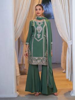 Royal Export - Green Chinon Embroidered Straight Kurta with Sharara and Dupatta