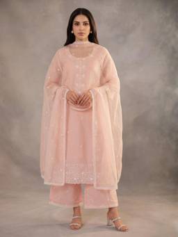 Royal Export - Peach Silk Blend Chanderi Embroidered Straight Kurta with Pant and Dupatta