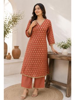 SILCHIC - Women Rust Floral Printed Straight Kurta with Pant and Dupatta