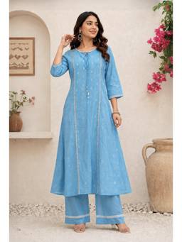 SILCHIC - Women's Blue Woven Design A-Line Kurta with Palazzo