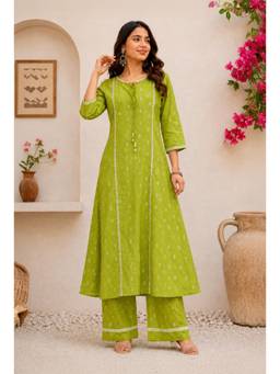 SILCHIC - Women's Green Woven Design A-Line Kurta with Palazzo