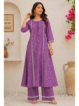 SILCHIC - Women's Lavender Woven Design A-Line Kurta with Palazzo
