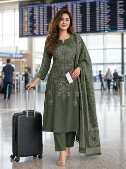 BERRYLICIOUS - Women Green Cotton Bandhani Mirror Embellished Kurta with Palazzo and Dupatta