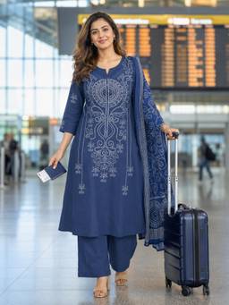 BERRYLICIOUS - Women Indigo Cotton Bandhani Mirror Embellished Kurta with Palazzo and Dupatta