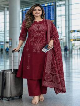 BERRYLICIOUS - Red Cotton Bandhani Printed Mirror Embellished Kurta with Palazzo and Dupatta