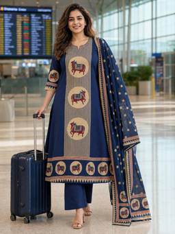 BERRYLICIOUS - Women Blue Printed and Hand Embroidered Cotton Kurta with Palazzo and Dupatta