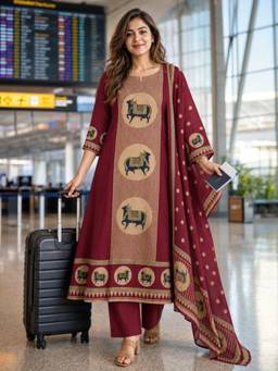 BERRYLICIOUS - Women Maroon Printed and Hand Embroidered Cotton Kurta with Palazzo and Dupatta