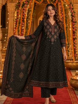 BERRYLICIOUS - Black Bandhani Printed Hand Embroidered Mirror Kurta with Pant and Dupatta
