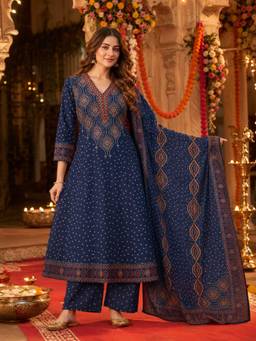 BERRYLICIOUS - Women Blue Bandhani Printed Hand Embroidered Mirror Kurta with Pant and Dupatta