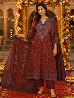 BERRYLICIOUS - Brown Bandhani Printed Hand Embroidered Mirror Kurta with Pant and Dupatta