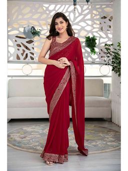 Label Shaurya Sanadhya - Red Georgette Embroidered Sequin Saree with Unstitched Blouse