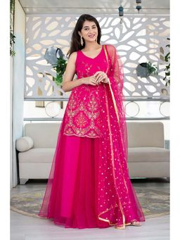 Label Shaurya Sanadhya - Pink Georgette Heavy Work Kurta with Long Skirt and Net Dupatta
